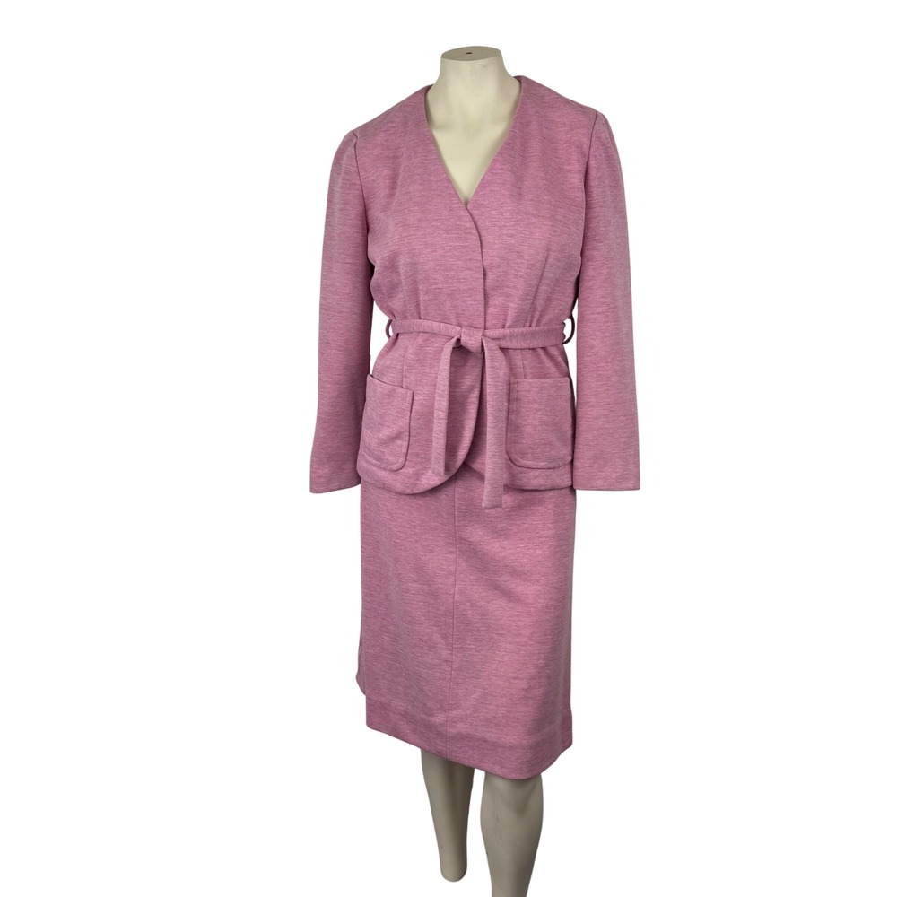 Vintage 70s Pink Textured Knit Skirt Suit Belted Blazer &‎ Midi Skirt Set Mod